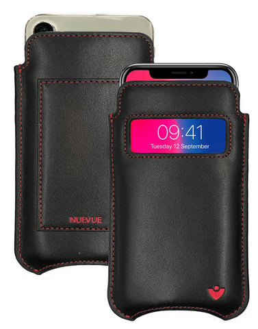 iPhone 16 / 16 Pro Black/Red Leather Wallet Case with NueVue Patented Antimicrobial, Germ Fighting and Screen Cleaning Technology