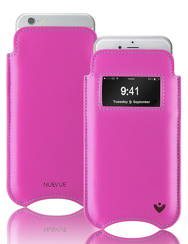 iPhone 6/6s Plus Case in Pink Napa Leather with Smart Window | Screen Cleaning and Sanitizing Lining