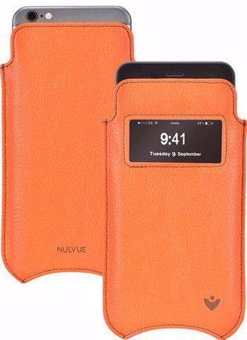 iPhone 6/6s Sleeve Case in Orange Vegan Leather | Smart Window | Screen Cleaning Sanitizing Lining