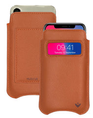 iPhone 15 / 15 Pro Tan Faux Leather Wallet Case with NueVue Patented Antimicrobial, Germ Fighting and Screen Cleaning Technology