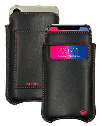 iPhone 15 / 15 Pro Black/Red Leather Wallet Case with NueVue Patented Antimicrobial, Germ Fighting and Screen Cleaning Technology