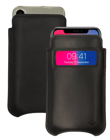 iPhone 15 / 15 Pro Black Leather Case with NueVue Patented Antimicrobial, Germ Fighting and Screen Cleaning Technology