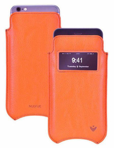 Apple iPhone 15 Pro Max Case in Kumquat Vegan Leather | Screen Cleaning Sanitizing Lining | Smart Window.