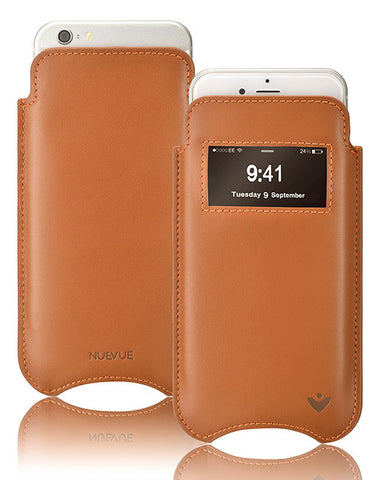 iPhone 6/6s Plus Sleeve Case in Tan Leather | smart window | Sanitizing Screen Cleaning Sleeve