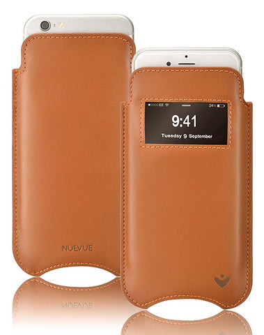 iPhone 6/6s Plus Sleeve Case in Tan Leather | smart window | Sanitizing Screen Cleaning Sleeve