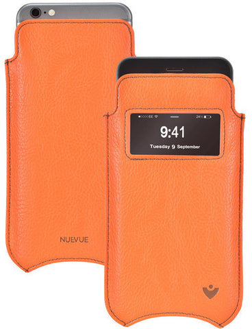 iPhone SE-2020 Pouch Case in Orange Faux Leather | Screen Cleaning and Sanitizing Lining | Smart Window